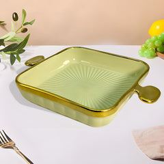Lemon Tree Green HH0902 Square Ceramic Deep Snack Platter with Golden Rim & Handles | Elegant Serveware | 24 cm