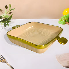 Lemon Tree Peach HH0902 Square Ceramic Deep Snack Platter | Elegant Serveware with Golden Rim & Handles | 24 cm