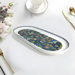 Luxury 13-Inch Oval Fine Porcelain Platter | Navy Blue Floral Print Serving Tray