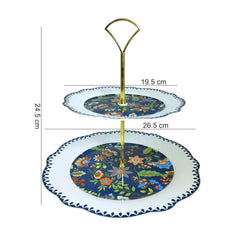 Elegant 2-Tier Fine Porcelain Cake Stand | Blue Floral Snack & Dessert Server with Gold Handle | High-Quality Decal Prints