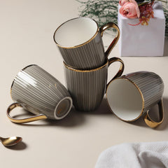 Elegant Grey Porcelain Mug Set – 4-Piece Tea & Coffee Mugs with Gold Rim & Handle