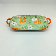 Lemon Tree Green Ceramic Deep Dish Platter | Elegant Rectangular Serving Platter with Handles | Perfect for Snacks & Desserts