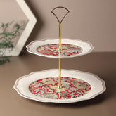 Lemon Tree HJ1002RED Ceramic Fine Floral Pattern, White and Red, Gold Handle,Porcelain 2-Tier Cake & Snack Stand – Elegant Server with High-Quality Decal Prints