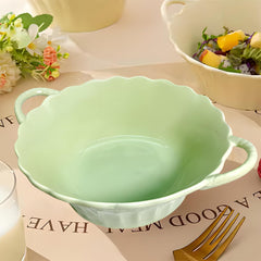 Lemon Tree Green Round Deep Ceramic Serving Bowl with Dual Handles – Stylish & Versatile Tableware