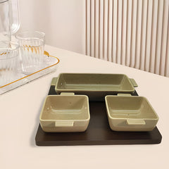Lemon Tree 3-Piece Rectangular Beige Ceramic Snack Serving Set – Appetizer & Dip Bowls with Bamboo Tray
