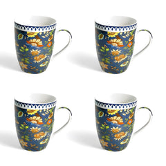 Lemon Tree Dark Blue Ceramic Mug Set – 4-Piece 360 ML Fine Porcelain Tea & Coffee Mugs with Elegant Prints