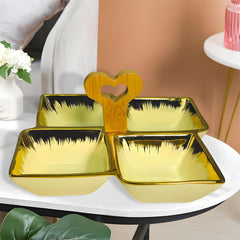 Cream Ceramic Quad-Part Serving Platter with Bamboo Handle & Gold Rim – Stylish Divided Snack Tray