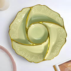 Luxury Green Round Ceramic Snack Platter with Gold Rim & Dip Slot – Elegant Party Serving Dish