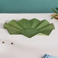 Lemon Tree Green Textured Glass Deep Round Platter with Wavy Rim | Elegant Serving Dish for Home & Dining