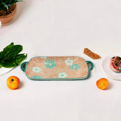 Lemon Tree Pink Ceramic Deep Dish Platter | Elegant Rectangular Serving Platter with Handles | Stylish Snack & Dessert Plate