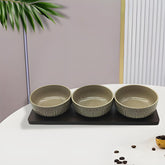 Beige Ceramic 3 Medium Bowl Set with Bamboo Base Tray – Stylish Serveware for Chutney, Dips, Pickles, Nuts, Desserts & More