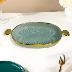 Elegant Blue Ceramic Oval Deep Platter with Golden Rim & Handles – Stylish Serving Dish for Snacks & Desserts (28x15.5 cm)