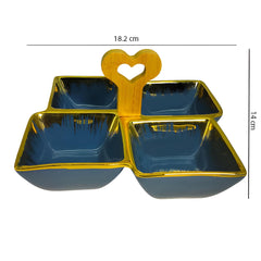 Blue Ceramic Quad-Part Platter with Bamboo Handle & Gold Rim – Stylish Multi-Section Serving Dish