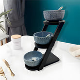 Elegant 3-Bowl Ceramic Serving Set with Tall Bamboo Stand & Spoons – Perfect for Dips, Chutneys & Snacks