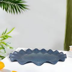 Lemon Tree Blue Glass Flat Round Platter with Wavy Rim | Elegant Textured Serving Dish for Snacks & Salads