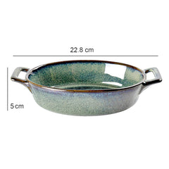 Lemon Tree Green Ceramic Stoneware Serving Bowl | 400ml Oval Dish with Handle | Elegant & Durable Microwave-Safe Tableware