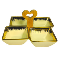Cream Ceramic Quad-Part Serving Platter with Bamboo Handle & Gold Rim – Stylish Divided Snack Tray