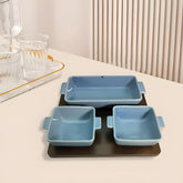 Lemon Tree 3-Piece Rectangular Blue Ceramic Snack Serving Set – Appetizer & Dip Bowls with Bamboo Tray