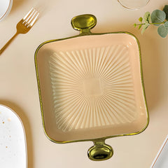 Lemon Tree Peach HH0902 Square Ceramic Deep Snack Platter | Elegant Serveware with Golden Rim & Handles | 24 cm