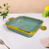 LEMON TREE Blue HH0902 Square Ceramic Snack Platter with Gold Rim & Handles | Stylish Deep Serving Dish| 24 cm