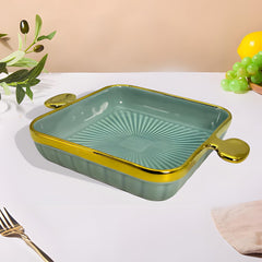 LEMON TREE Blue HH0902 Square Ceramic Snack Platter with Gold Rim & Handles | Stylish Deep Serving Dish| 24 cm