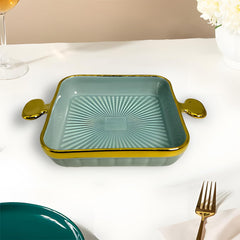 LEMON TREE Blue HH0902 Square Ceramic Snack Platter with Gold Rim & Handles | Stylish Deep Serving Dish| 24 cm