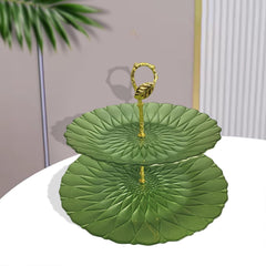 Lemon Tree Green Textured Glass 2-Tier Platter | Elegant Serving Stand for Desserts, Fruits & Festive Décor