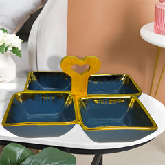 Blue Ceramic Quad-Part Platter with Bamboo Handle & Gold Rim – Stylish Multi-Section Serving Dish