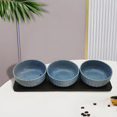 Blue Ceramic 3-Bowl Set with Bamboo Base Tray – Elegant Serveware for Snacks, Dips, Chutneys & More