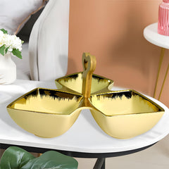 Elegant Cream Ceramic Tri-Part Serving Platter with Bamboo Handle & Gold Rim – 24cm
