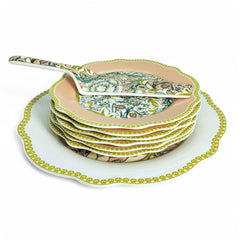 LEMON TREE HJ 1001 Fine Porcelain 8-Piece Cake & Snack Serving Set | Floral Decal Print | Peach & White with Green Accents | Elegant Gift Box