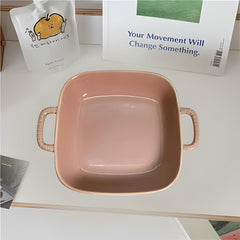 Lemon Tree Pink Square Ceramic Platter – Deep Dish with Handles for Stylish Serving
