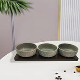 Elegant Grey Ceramic 3-Bowl Set with Bamboo Base – Stylish Serving Tray for Snacks, Dips & More