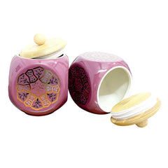 Lemon Tree Pink Floral Ceramic Storage Jars – Set of 2 (500ml) | Airtight Wooden Lid Canisters for Tea, Coffee & Spices