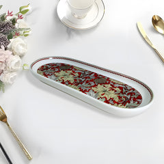Elegant Ruby Red Floral Oval Porcelain Serving Platter with Maroon Accents
