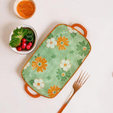 Lemon Tree Green Ceramic Deep Dish Platter | Elegant Rectangular Serving Platter with Handles | Perfect for Snacks & Desserts