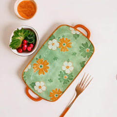 Lemon Tree Green Ceramic Deep Dish Platter | Elegant Rectangular Serving Platter with Handles | Perfect for Snacks & Desserts