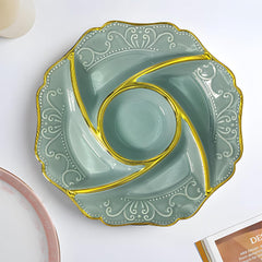 Elegant Blue Round Ceramic Partition Platter with Gold Rim & Dip Slot – 32cm Serving Dish