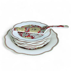 LEMON TREE HJ 1001 Fine Porcelain 8-Piece Cake & Snack Serving Set | Rich Red & Gold Floral Design | Elegant Scalloped Edge Plates | Gift-Ready