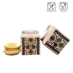 Lemon Tree Off-White Ceramic Storage Jars Set of 2 (1000ml) – Airtight Containers with Wooden Lids for Kitchen & Pantry