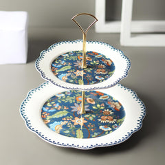 Elegant 2-Tier Fine Porcelain Cake Stand | Blue Floral Snack & Dessert Server with Gold Handle | High-Quality Decal Prints