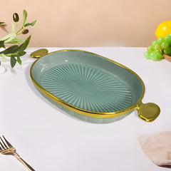 Elegant Blue Ceramic Oval Deep Platter with Golden Rim & Handles – Stylish Serving Dish for Snacks & Desserts (28x15.5 cm)