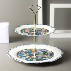 Elegant 2-Tier Fine Porcelain Cake Stand | Blue Floral Snack & Dessert Server with Gold Handle | High-Quality Decal Prints