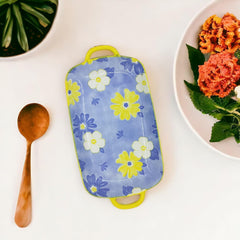 Lemon Tree Blue Ceramic Rectangle Platter with Handles | Elegant Deep Dish for Snacks & Appetizers | Durable & Eco-Friendly