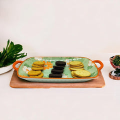 Lemon Tree Green Ceramic Deep Dish Platter | Elegant Rectangular Serving Platter with Handles | Perfect for Snacks & Desserts