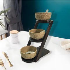 Premium 3-Bowl Ceramic Serving Set with Tall Bamboo Stand & Matching Spoons – Elegant Dining Essential