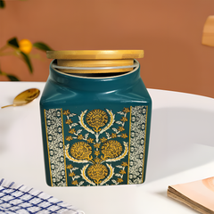 Lemon Tree Green Ceramic Storage Jar – 1000ml | Airtight Wooden Lid Container for Snacks, Tea, Coffee, Sugar & Dry Fruits