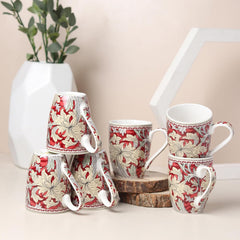 Lemon Tree Red 6-Piece Ceramic Mug Set – Elegant Fine Porcelain Tea & Coffee Cups