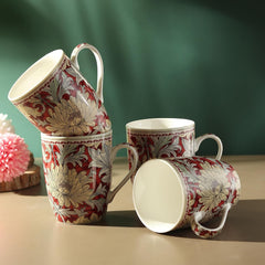 Lemon Tree Red Ceramic Mug Set – 4-Piece 360 ML Fine Porcelain Coffee & Tea Mugs with Stylish Prints