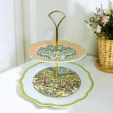 Vintage Floral 2-Tier Porcelain Cake Stand | Elegant Peach & Green Snack Server with Gold Handle